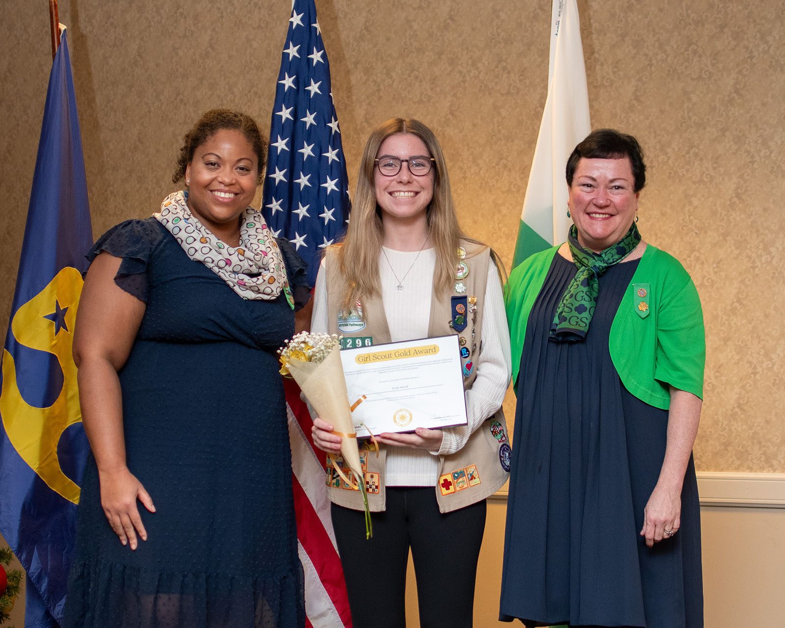 Board Chair Tiffany, GSNYPENN CEO Julie Dale with Girl Scout Gold Awardee