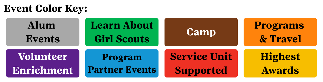 event color key - alum events gray, volunteer enrichment purple, learn about girl scouts green, community partner events blue, camp brown, service unit supported red, programs and travel orange, highest awards yellow